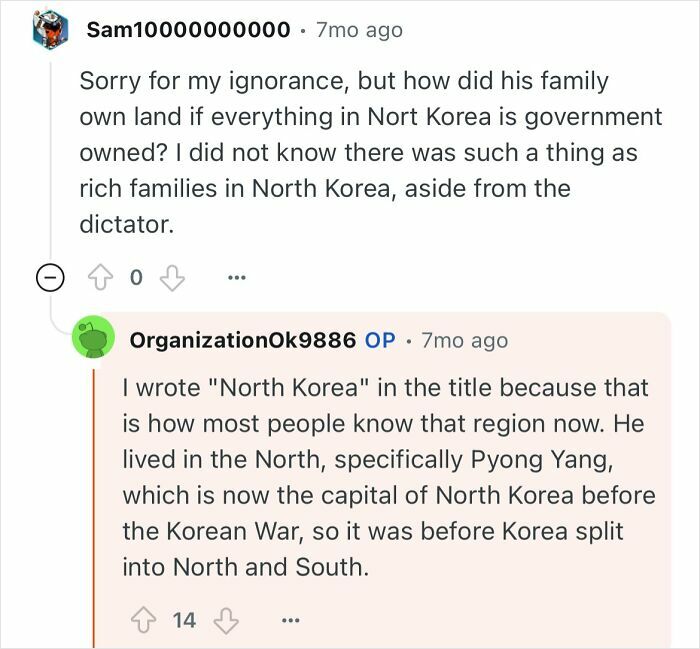 Screenshot of a discussion thread about a grandfather who escaped North Korea sharing his life experiences.