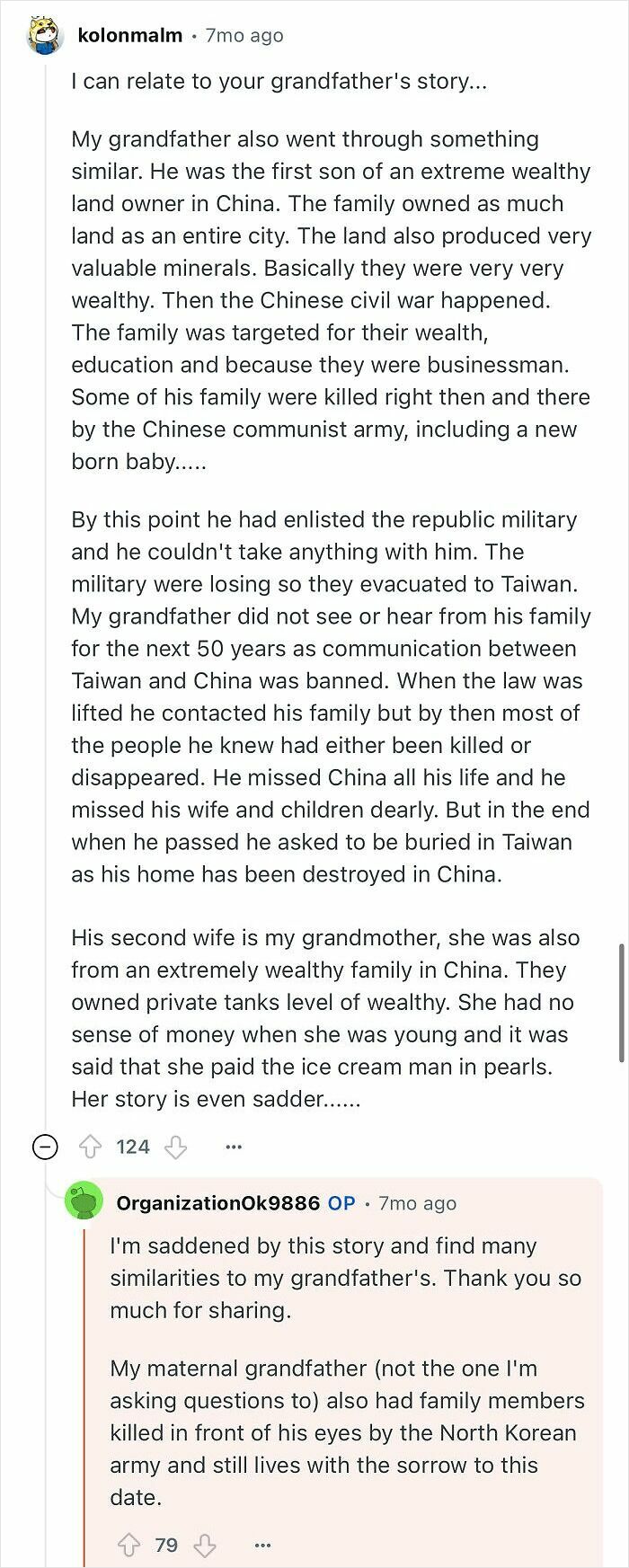 Screenshot of a Reddit discussion about a grandfather who escaped North Korea sharing his life story and struggles.