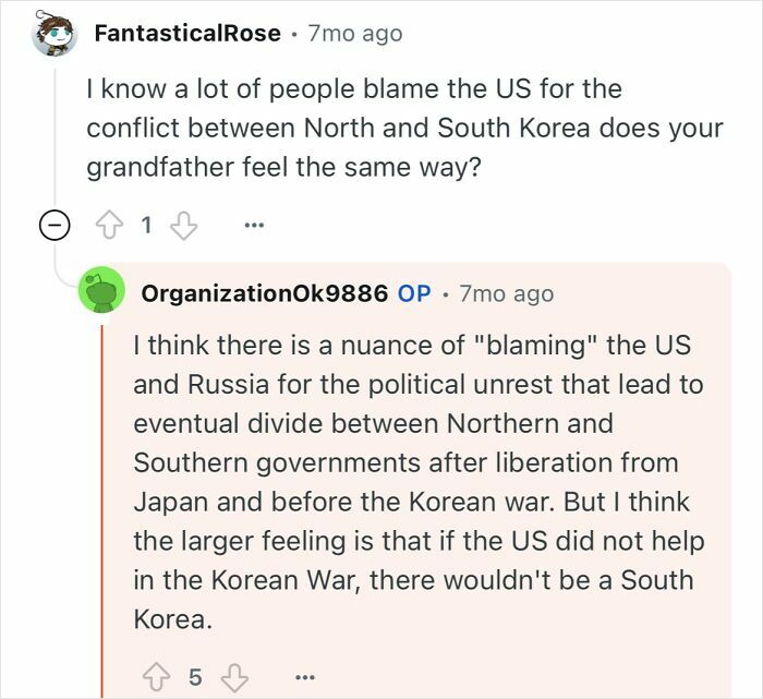 Reddit user discusses political unrest and Korean War impact in conversation about grandfather who escaped North Korea.