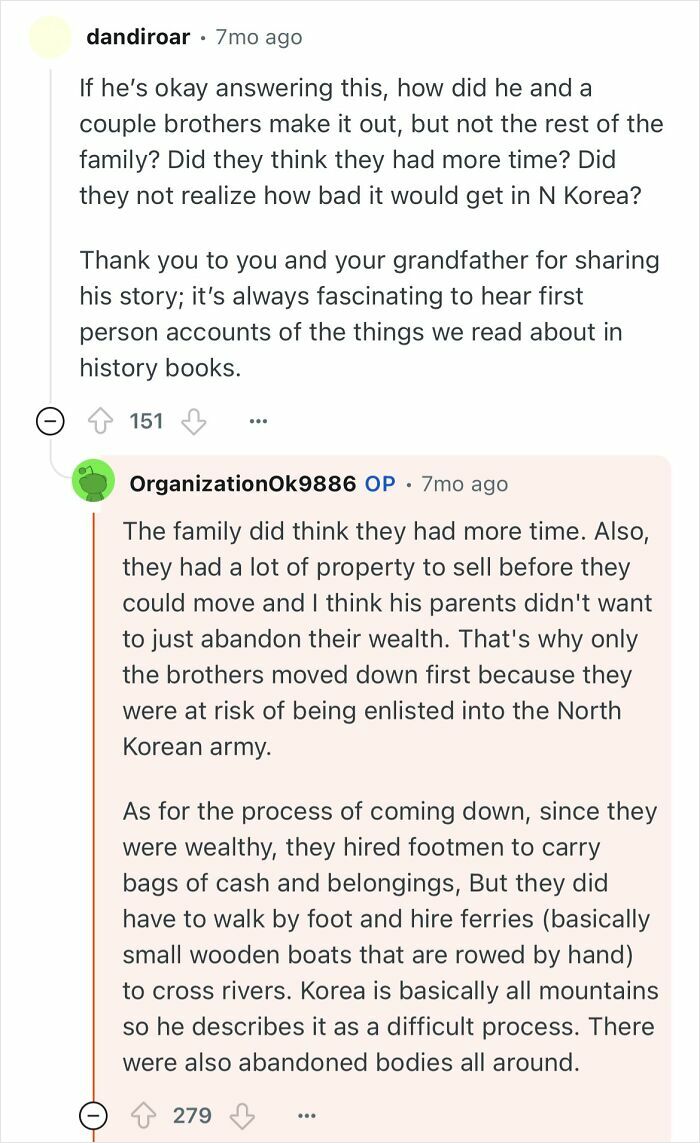 Reddit conversation discussing a grandfather’s escape from North Korea and his challenging life experiences.