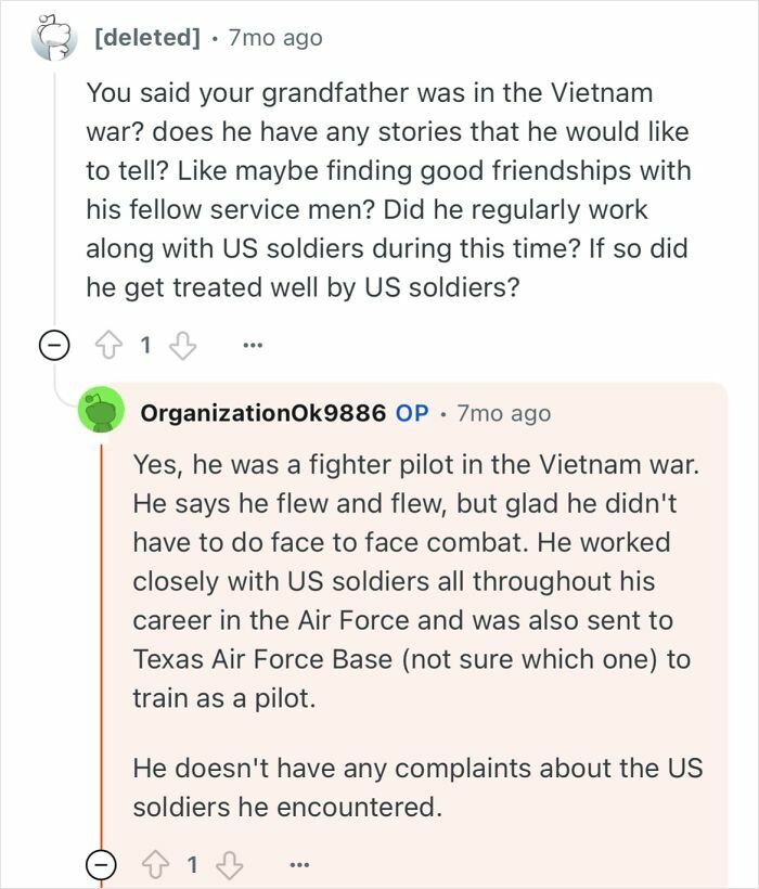 Conversation about a grandfather who escaped North Korea, sharing stories about his life and military experiences.