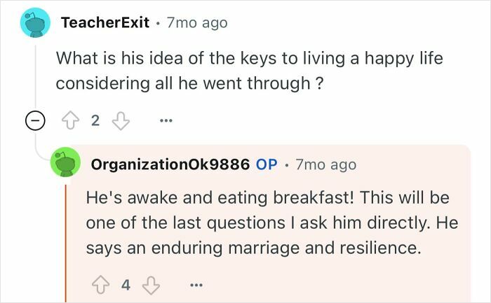 Reddit users discuss a grandfather who escaped North Korea sharing insights on resilience and life after hardship.
