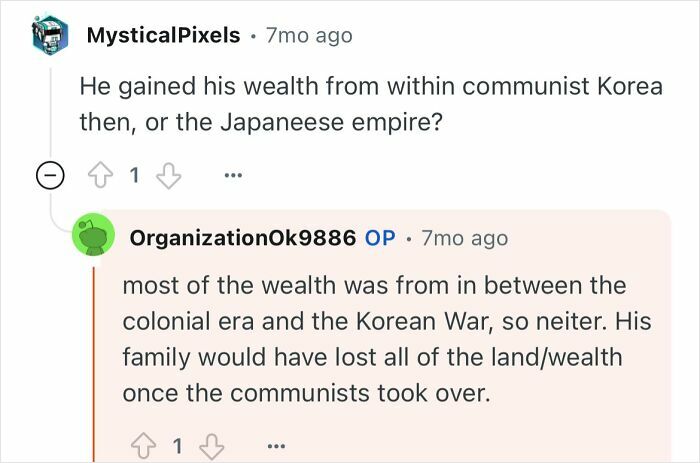 Screenshot of a discussion about a grandfather who escaped North Korea sharing his life experiences and wealth origins.