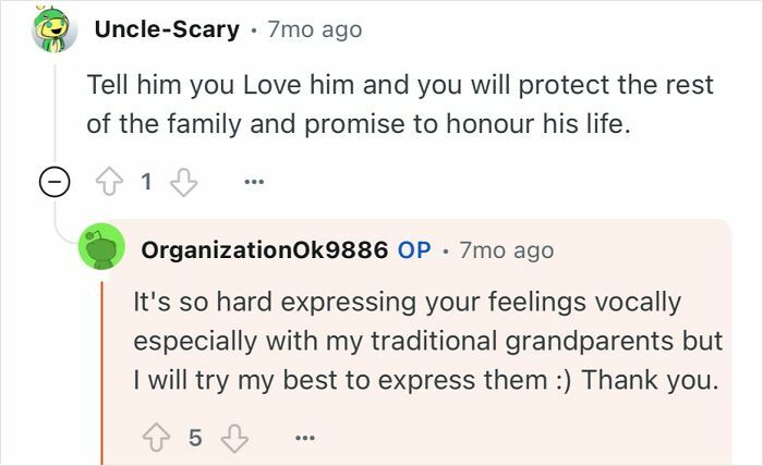 Screenshot of a conversation about expressing feelings involving a grandfather who escaped North Korea and family protection.