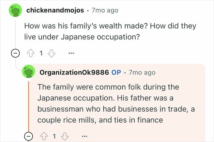 Reddit user asks about family wealth and life under Japanese occupation in a discussion about a grandfather who escaped North Korea.