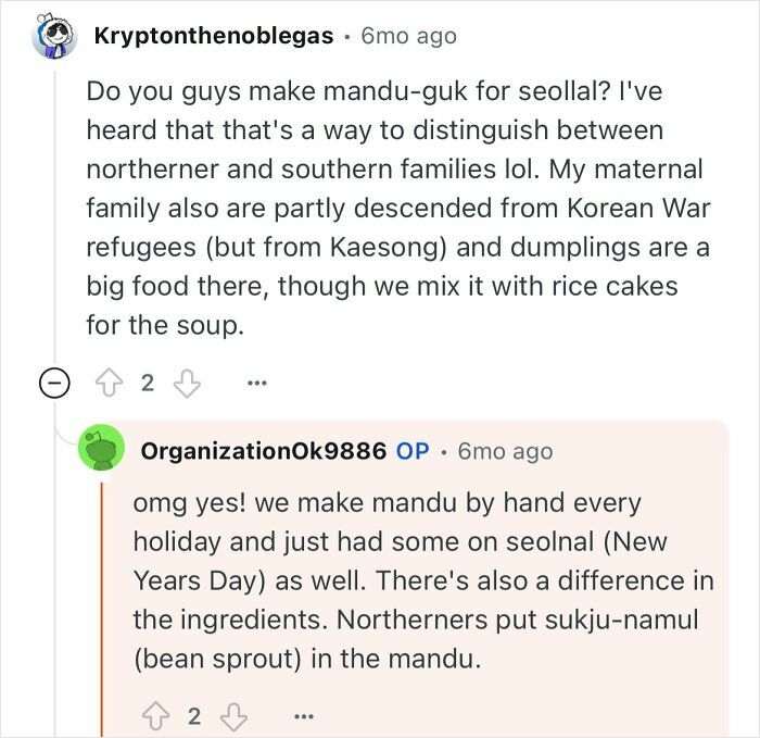 Comments discussing making mandu-guk and differences in Korean holiday foods from North Korean escapee perspective.