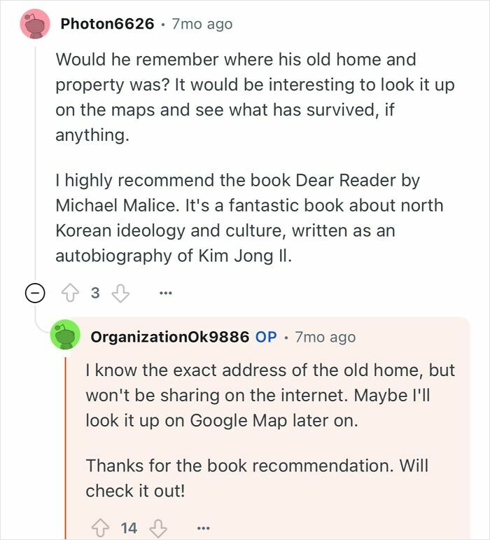 Reddit users discuss a North Korean escapee grandfather’s life and recommend books about North Korean ideology and culture.