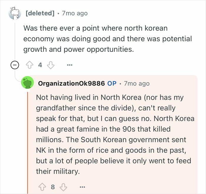 Reddit conversation discussing the North Korean economy and a grandfather’s experience escaping North Korea.