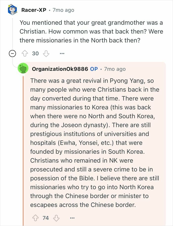 Reddit conversation discussing life and Christianity in North Korea from the perspective of a grandfather who escaped.
