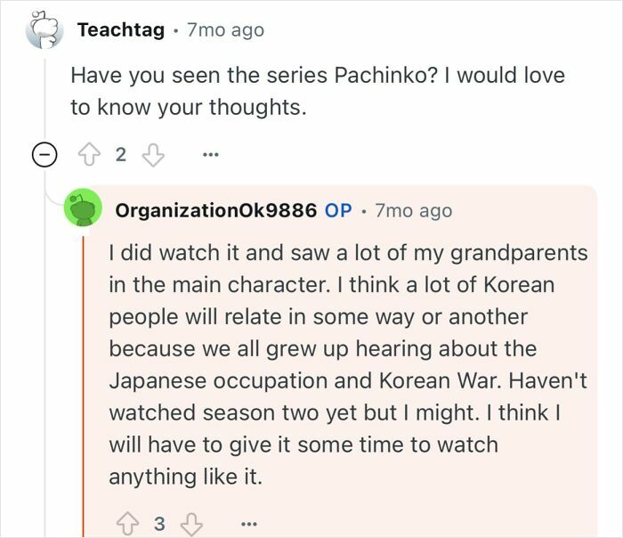 Comment discussion about a grandfather who escaped North Korea sharing his life experiences and historical Korean struggles.