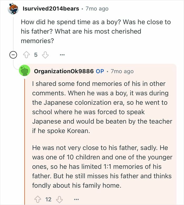 Comment thread discussing a grandfather who escaped North Korea sharing memories of his childhood and family life.