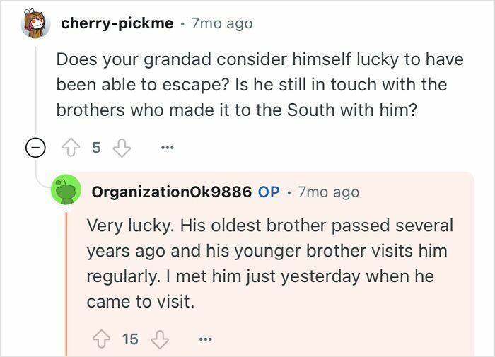 Reddit user asking about a grandfather who escaped North Korea and his life after escaping.