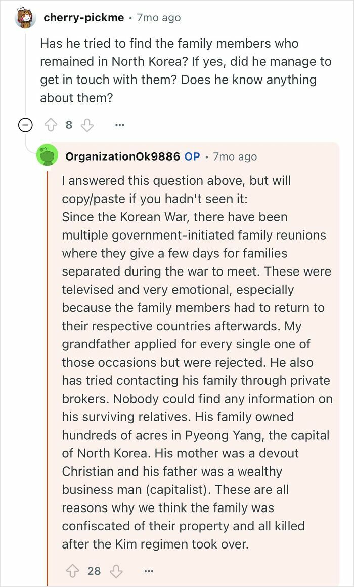 Reddit user explains family reunions and struggles of a grandfather who escaped North Korea sharing his life experience.