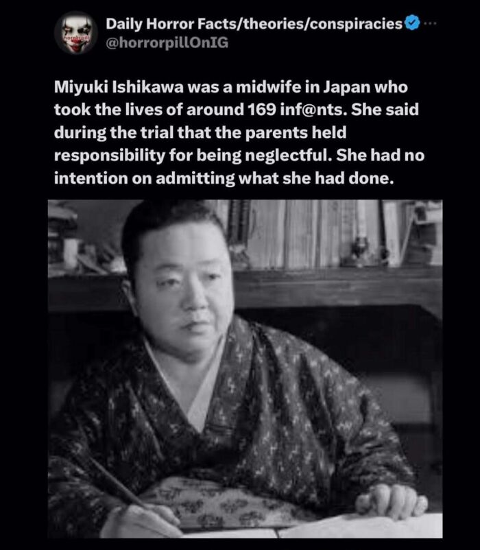 Black and white photo of Miyuki Ishikawa with text about her crimes, part of unsettling horror pill online group images.
