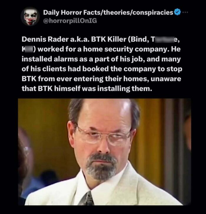 Screenshot of a horror pill online group post revealing Dennis Rader installed alarms for clients fearing the BTK killer.
