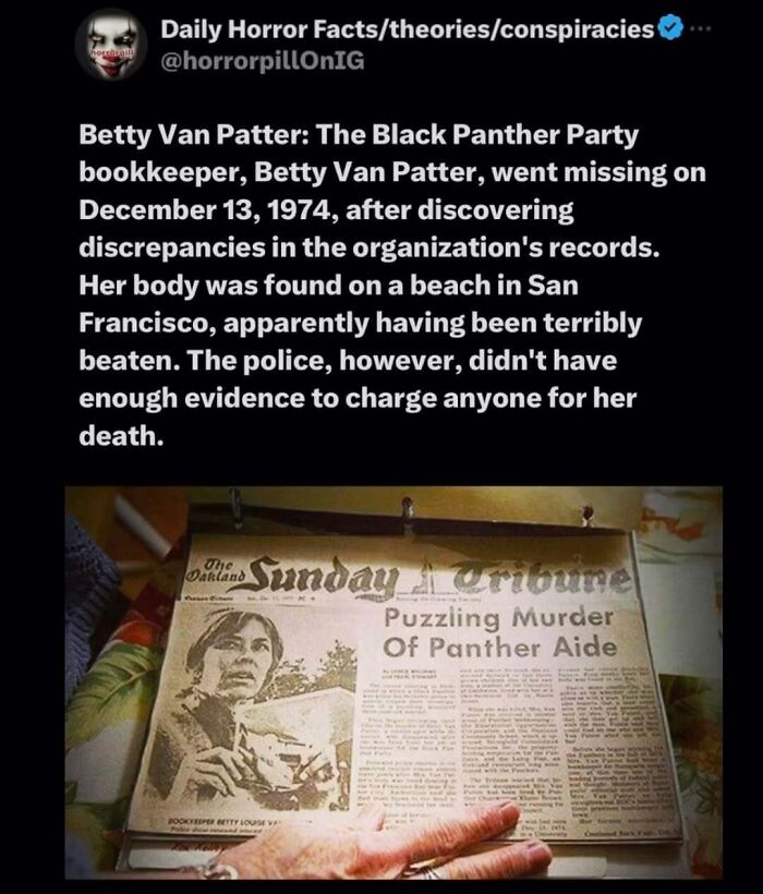Screenshot from horror pill online group detailing the unsolved m****r of Black Panther Party bookkeeper Betty Van Patter.
