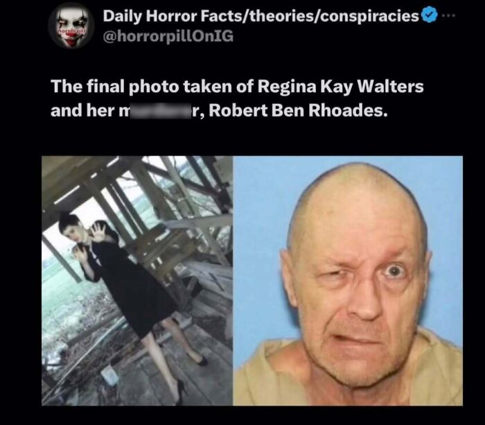 Final photo of Regina Kay Walters and a man, shared by Horror Pill group, depicting unsettling true crime imagery.
