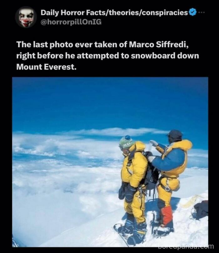 Two climbers in yellow gear on a snowy peak with a vast cloudy sky, unsettling images from horror pill online group.