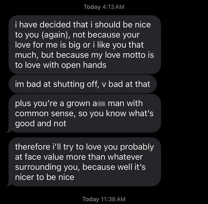 Text message conversation showing someone deciding to be nice again, illustrating toxic behavior of nice girls and nice guys.
