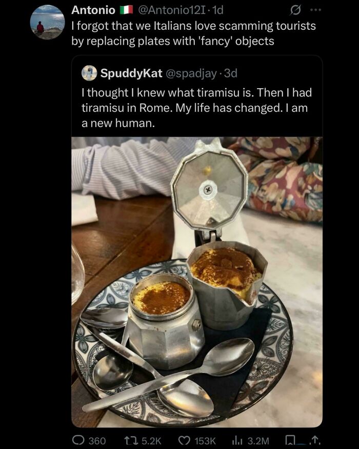 Serving tiramisu in a coffee pot at a restaurant, showcasing one of the most ridiculous food presentation ideas.