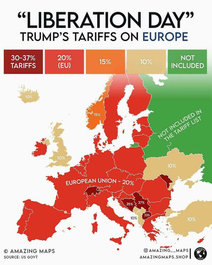 Map showing curiosity interesting map data of Trump’s tariffs on Europe with color-coded percentages by country.