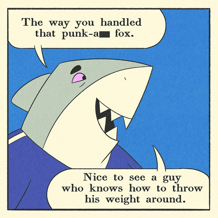 Comic panel showing a bodybuilding duck encouraging friends at the gym with a friendly and soft-hearted expression.
