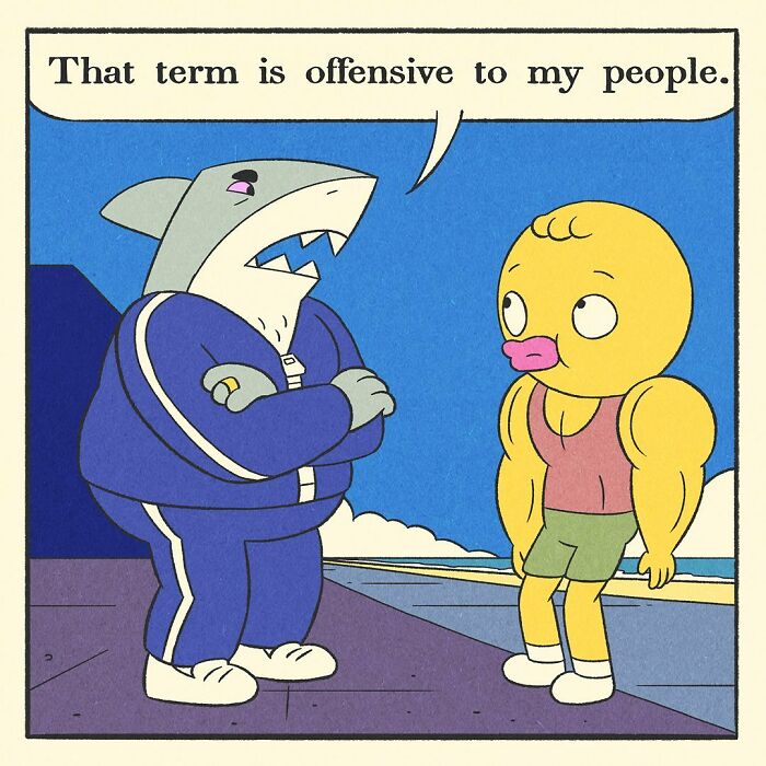 Muscular shark character in a blue tracksuit pointing, with speech bubble in a comic about a bodybuilding duck’s soft heart.