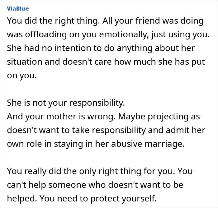 Text post showing advice about cutting off a friend who stayed in an abusive marriage for self-protection and emotional boundaries. Text post showing advice about cutting off a friend who stayed in an abusive marriage for self-protection and emotional boundaries.