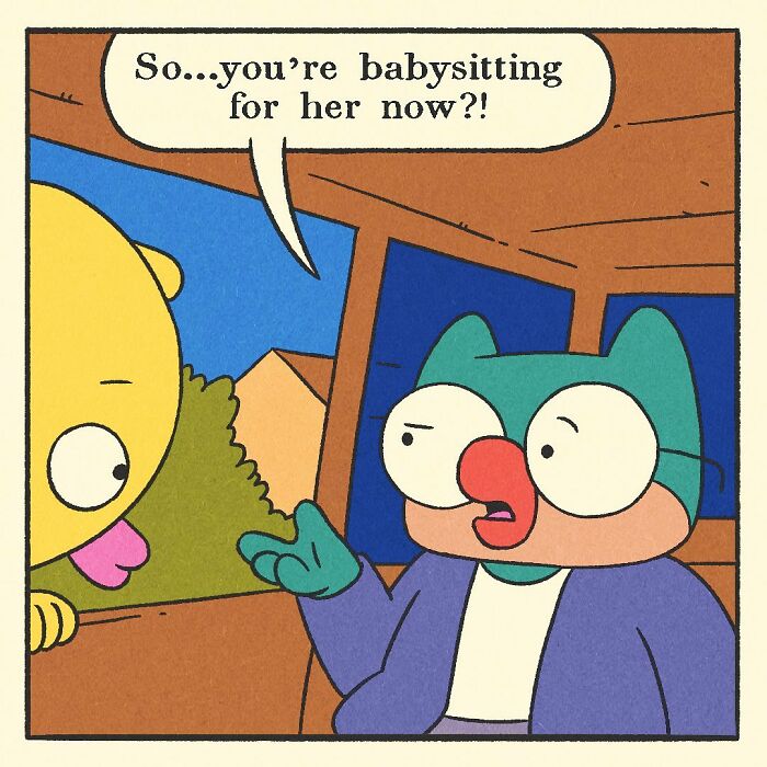 Colorful comic scene showing a cartoon duck character driving a red car past a house with a backyard grill overturned.