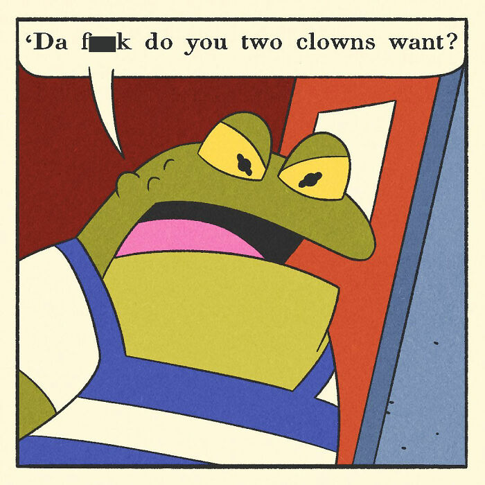 Cartoon comic featuring a bodybuilding duck character with a soft heart standing by a door with no entry sign.