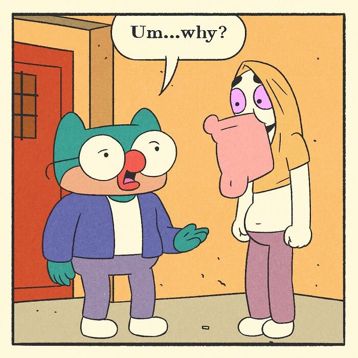 Bodybuilding duck with a soft heart and a worried cat character sitting in a car, expressing they make a bad team.