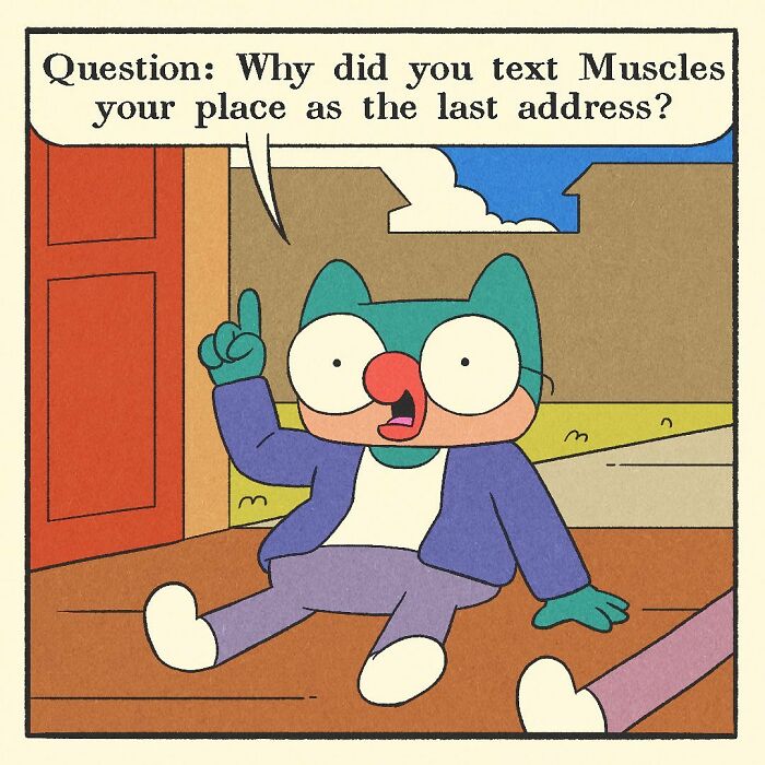 Bodybuilding duck character holding a baby, standing between a fox and a shark in a comic-style illustration.