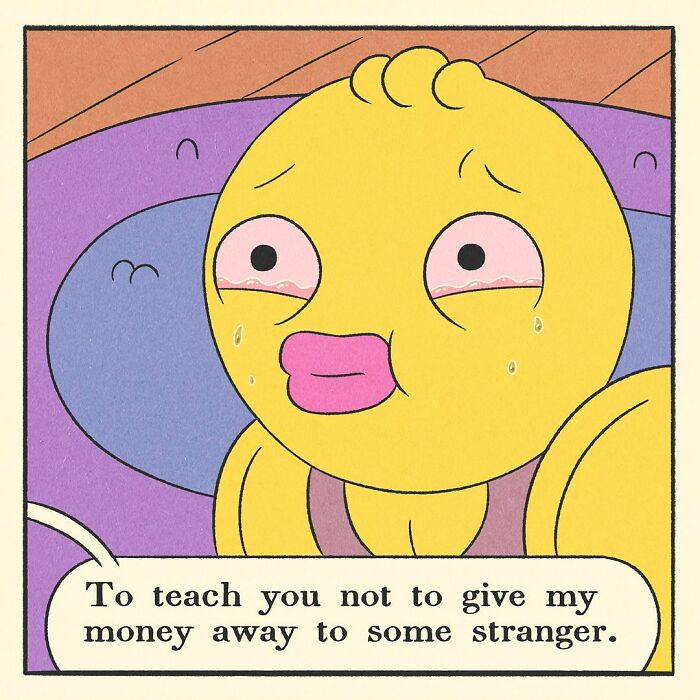 Muscular yellow duck gently massaging the foot of a relaxed fox character in a colorful comic scene.