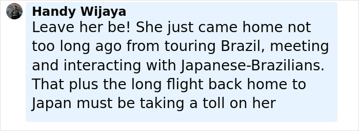 Comment by Handy Wijaya defending Japanese Princess Kako after long flight, mentioning touring Brazil and Japanese-Brazilians. Comment by Handy Wijaya defending Japanese Princess Kako after long flight, mentioning touring Brazil and Japanese-Brazilians.