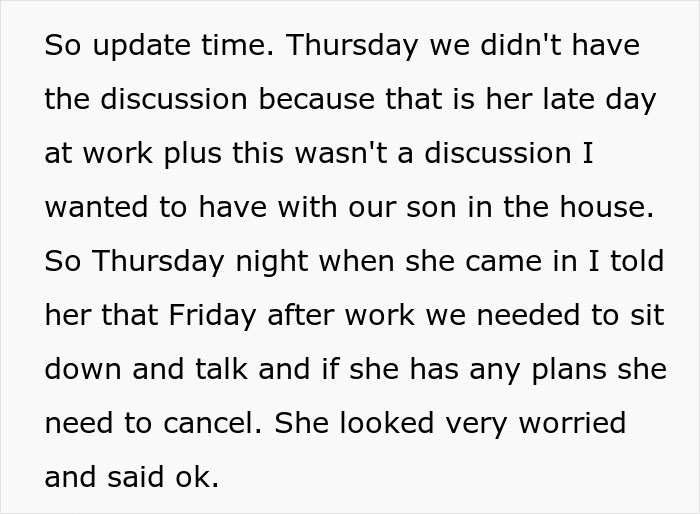 Text excerpt showing a husband feeling sick after realizing who their son is named after, discussing plans to talk. Text excerpt showing a husband feeling sick after realizing who their son is named after, discussing plans to talk.