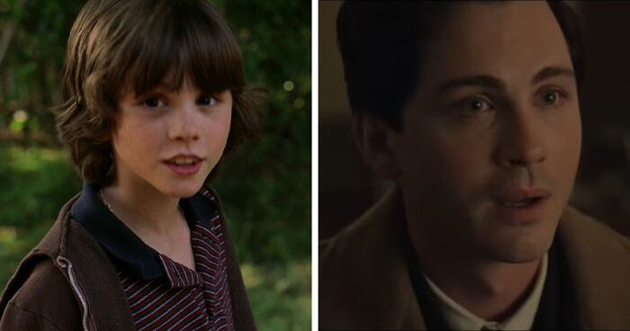 Side-by-side images of a young boy and an adult man highlighting the mind-blowing realization of the same actor in different roles.