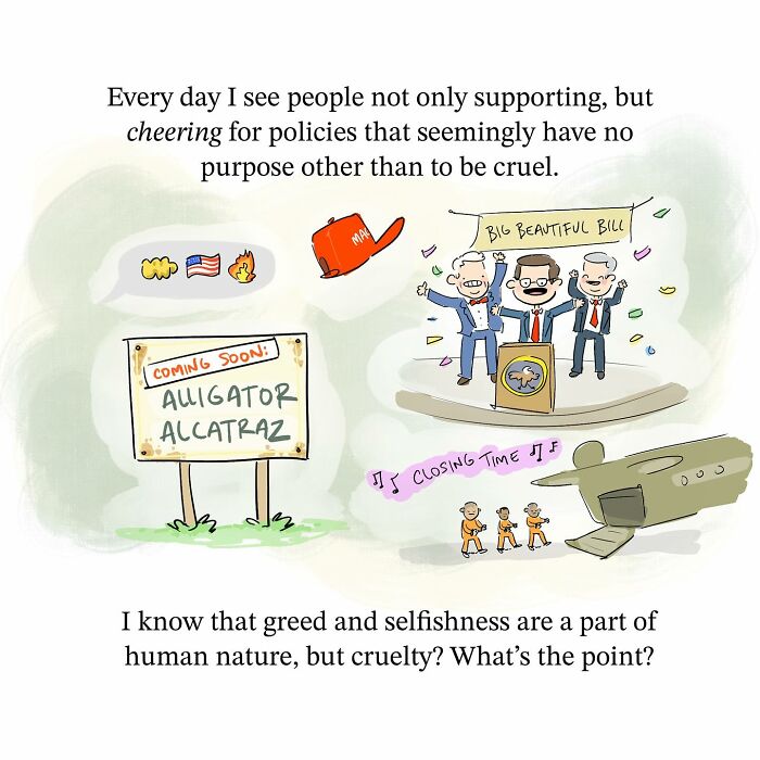 Cartoon Earth and moon with faces in space, illustrating a funny comic about perspective and the brain.