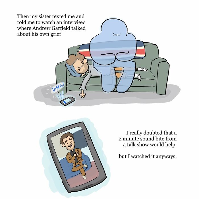 Illustration of a person sitting beside a large blue figure on a couch, depicting grief and inner struggle in funny comics.