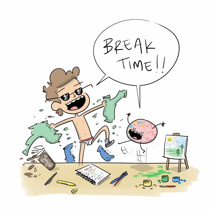 Person and brain arguing with each other about productivity in a funny comic from 40 funny comics series.