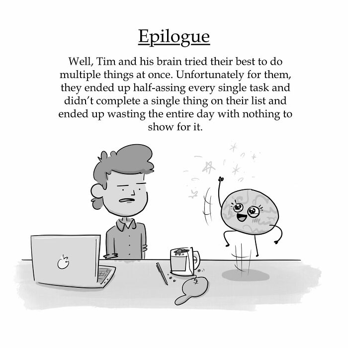 Person working on laptop being distracted by a funny comic brain with a paddle, illustrating arguing with their own brain.