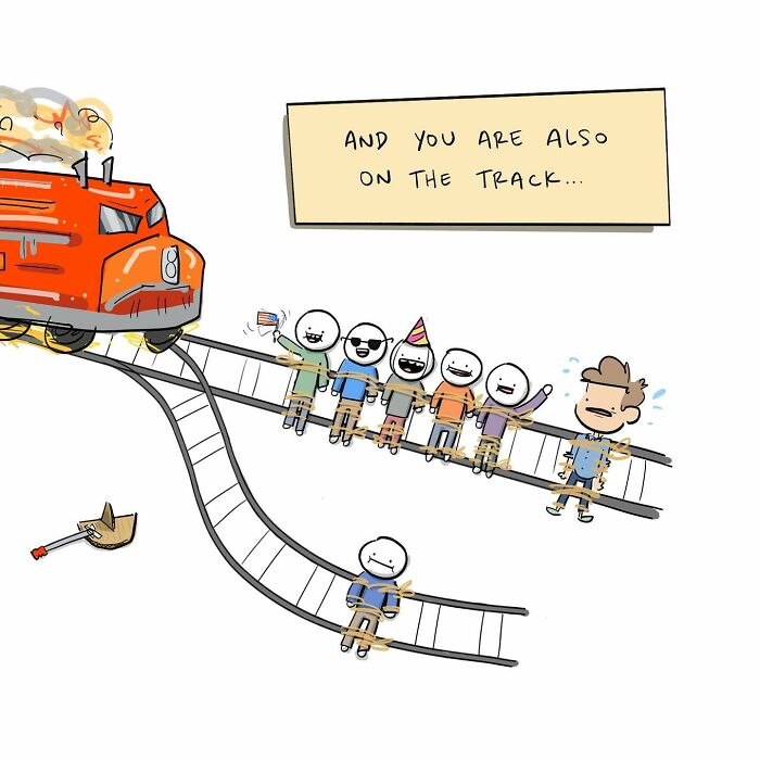 Red runaway trolley speeding down train tracks in a funny comic illustrating arguing with your own brain.