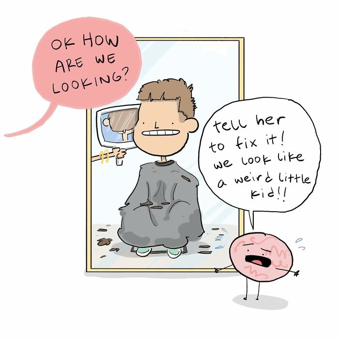 Cartoon comic showing a person being sprayed in the head by a brain character, humorous comic about arguing with brain.