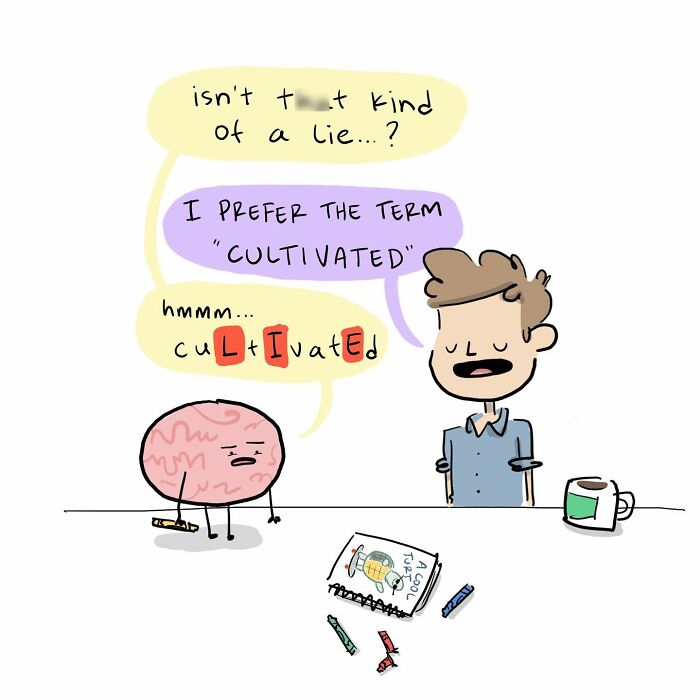 Funny comics showing a person ignoring their brain, which is drawing a colorful picture nearby.