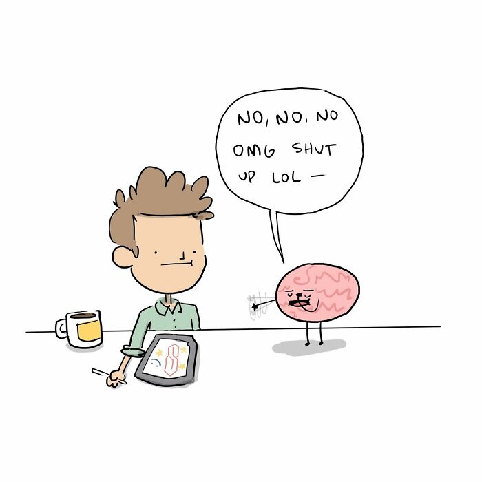 Cartoon of a person drawing with a walking brain beside them labeled walking with purpose, funny comics brain theme.