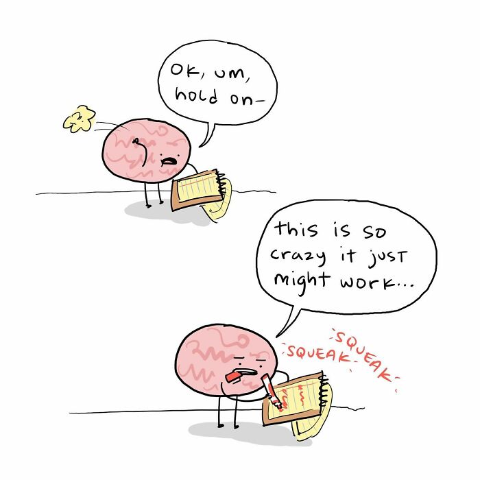 Cartoon of a man holding a smiling brain character with a balloon, illustrating funny comics about arguing with your brain.