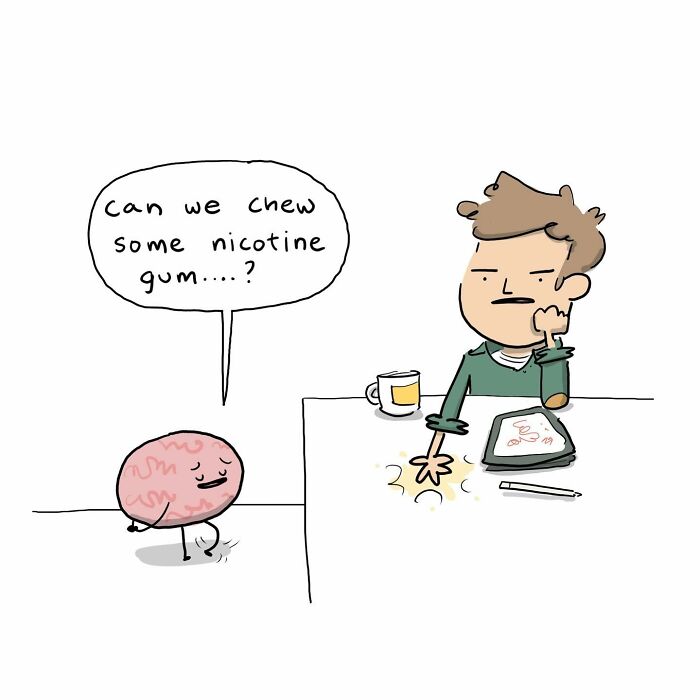Funny comic showing a person arguing with their own brain about having more coffee at the table.