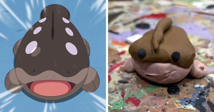 Side-by-side comparison of a clay figure and original cartoon of a favorite Pokemon, showcasing a poorly-made clay model.
