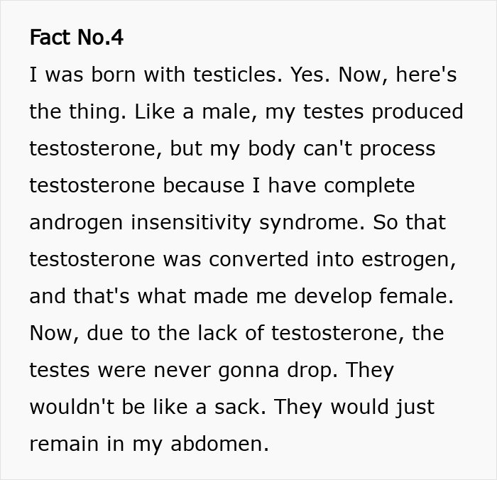 Text excerpt explaining how an intersex woman with XY chromosome and androgen insensitivity syndrome has a body different from others. Text excerpt explaining how an intersex woman with XY chromosome and androgen insensitivity syndrome has a body different from others.