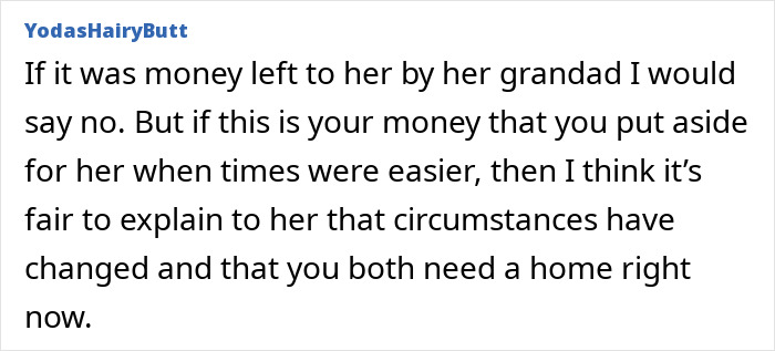 Comment discussing fairness in managing money set aside for a daughter amid changing circumstances related to stealing daughters trust fund. Comment discussing fairness in managing money set aside for a daughter amid changing circumstances related to stealing daughters trust fund.