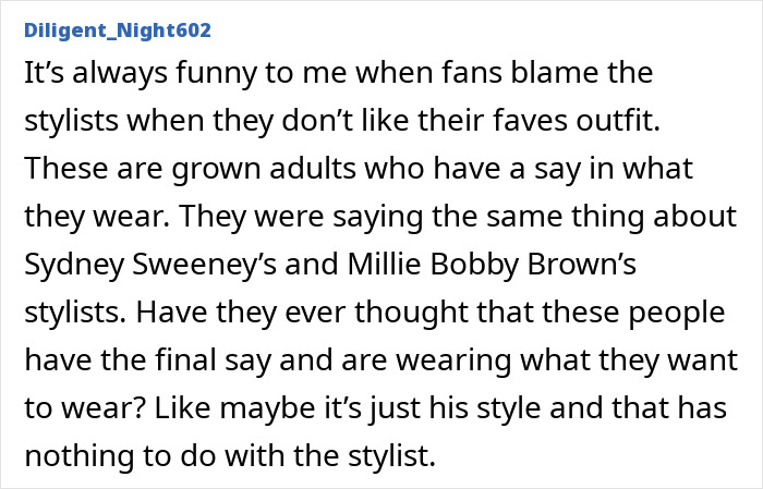 Comment discussing fans blaming stylists, relating to Pedro Pascal cutting ties after stylist’s angry Twitter rants. Comment discussing fans blaming stylists, relating to Pedro Pascal cutting ties after stylist’s angry Twitter rants.